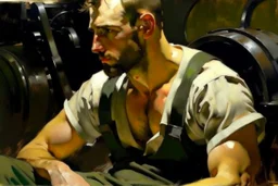 A handsome masculine shirtless scruff greasy dirty mechanic, Edward hopper John singer Sargent oil painting