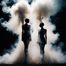 two human silhouettes intermingled in a cloud of smoke, surreal