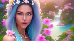 Photo realistic portrait of a gorgeous smiling skinny polynesian goddess with a golden dark shining skin, long smooth clear turquoise blue and pink white hair, blue eyes, in a sci-fi outfit with luminous strikes blowing a kiss in a hill of flowers with sakura trees, a waterfall, a crystal palace, loads of mini flowers, moss, sun rays through the branches, particles in the air at spring