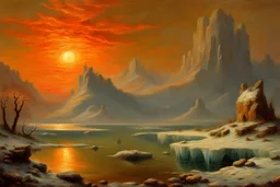 Amazing wonderful sunset, ice, cosmic fantasy winter, epic, vegetations, mountains, sci-fi movies influence, pieter franciscus dierckx, and charles leickert impressionism paintings