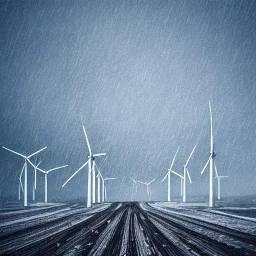 Thousands vertical wind turbines. Heavy cold rain. Strong wind. An engineer looking up. Futuristic scenary. Metallic mist.