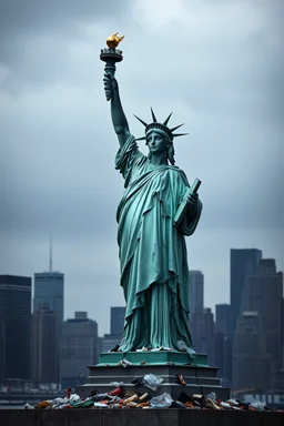 the statue of liberty, dress tattered an torn, her face solemn and terse, trash littered at her feet, the skyline dark and grungy