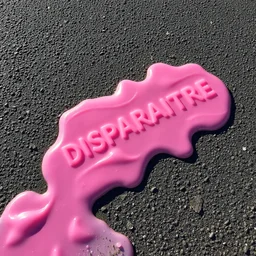 plastique rose qui fond au soleil sur le bitume , avec le mot français "DISPARAITRE"