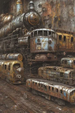 an abstract painting of rusted toy trains, by anselm kiefer and lucian freud, rust, scaffolding, iron cladding, decay, mixed media, textured, anatomically correct, beautiful perfect face, sharp focus, highly detailed