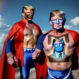 realistic image of donald trump as a mexican wrestling fighter posing outdoors, Mexican eyes wrestling mask, red and blue breeches, confederate flag cape, retro style, 80s, vibrant color, highly detailed, sky background, concept art, unreal engine 5, god rays, ray tracing, RTX, lumen lighting, ultra detail, volumetric lighting, 3d, finely drawn, high definition, high resolution.