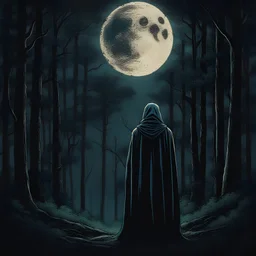 pessoa usando uma máscara azul pintada com branco e um manto preto no meio da floresta olhando pra frente, árvores verdes e muita mata, a noite, desenho do espírito da lua, imagem cinematográfico, olhando pra frente, com rosto olhando pra frente