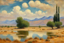 clouds, arid land, distant mountains, dry trees, pond, claude monet impressionism painting