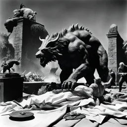 (high res photo by Ray Harryhausen) Appease the beast on spattered sheets