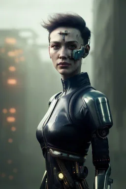 portrait post-apocalypse ,latex cyborg in a cyberpunk city, sci-fi fantasy style, 8k,dark colours