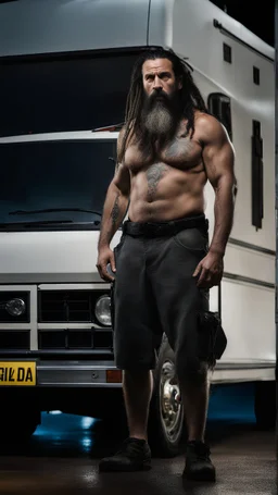 strong burly slim gipsy mechanic 44 years old, dreadlocks, wet, long black beard, manly chest, hairy, shirtless in bulging dirty white boxer, big shoulders, tattoo, big calves, barefeet, angry, photorealistic, side light, inside a dark parking lot at night, side neon light, photoRealistic