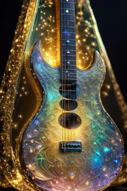 extremely delicate iridescent Guitar made of glass, sitting, video game style, translucent, tiny golden accents, beautifully and intricately detailed, ethereal glow, whimsical, art by Mschiffer, best quality, glass art, magical holographic glow\\n, Broken Glass effect, no background, stunning