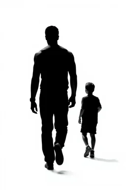 black silhouette of two men, one tall and muscular, the other short and thin, walking away from the camera on solid white background