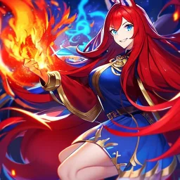 Clear focus, 8k, beautiful lighting, vibrant colors, fox girl, red hair, long hair, blue eyes, fire magic, smile, angry,