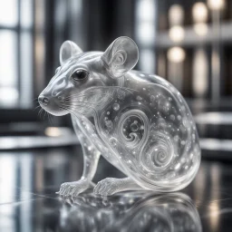 giger escher rat sculpture in transparent white murano glass,bokeh like f/0.8, tilt-shift lens 8k, high detail, smooth render, down-light, unreal engine,bokeh like f/0.8, tilt-shift lens 8k, high detail, smooth render, down-light, unreal engine