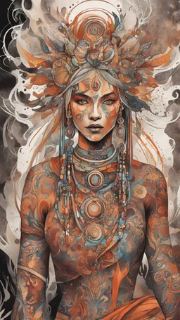 create an abstract expressionist full body fantasy illustration of a deeply spiritual, ethereal, darkly magical, Nordic nomadic tribal matriarch with highly detailed and deeply cut facial features, searing lines and forceful strokes, precisely drawn, boldly inked, with rich striking earth tone colors