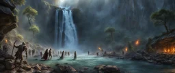 skeletons, zombies, banshees, wraiths, ghosts at the foot of a 3.000 feet high waterfall. fantasy setting, horror. exquisite realism, a masterpiece, fantasy concept art, dynamic lighting, hyperdetailed, intricately detailed, deep color, Unreal Engine, volumetric lighting, Epic cinematic brilliant stunning intricate meticulously detailed dramatic atmospheric maximalist digital matte painting