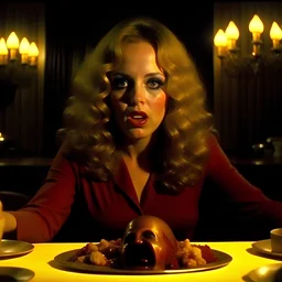 Spooky, ultra realistic distress, dining, ultra realistic hot woman show, pieces of meat, organic hot bondes, dynamic, anguish, excited and lively scene, hypermaximalist figures, stb, Creepy the Ring Alfred Hitchcock, Sam Raimi, insanely detailed, sinister, John Carpenter, Dario Argento, ornate