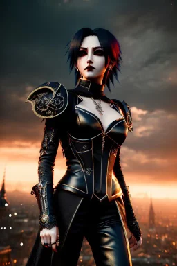 Smirking gothic anime vampire, waist up portrait, 8k resolution, intricate details, ornate details, soft lighting, vibrant colors, retroanime, masterpiece, intricate eyeliner, dark eyeshadow, eyes, intricate tattoos, futuristic cityscape background