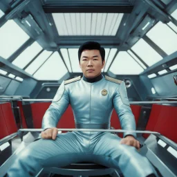 Lieutenant Sulu practices fencing in the captain chair of the starship, view from below[vintage style noisy scratches glitches, Shot the texture and then rewound the film and double exposed from a 1970 B series movie]