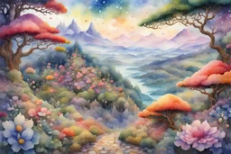 Watercolor patchwork landscape, watercolor, wet on wet, petals rain, style of Daniel Merriam, Josephine Wall, Catherine Able Modifiers: 4K 3D 高细节 清脆的品质 丰富多彩 美丽 电影照明 拉尔夫·麦夸里