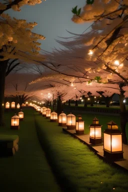 parque japonés con ceresos florecidos y auroras boreales en el fondo, linternas de velas encedidas en el camino