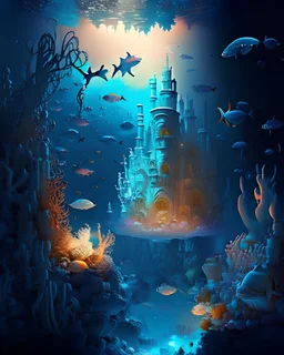 A vast underwater world with luminescent creatures and coral castles