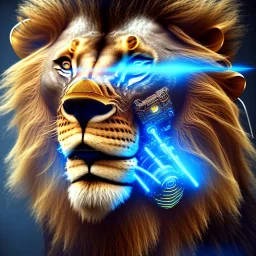 a lion face made with cyber punk elements with blue diamonds and cables from head to body wearing a medieval helmet with a christ, high detail, photo, kybernetic, 8k, ray-tracing