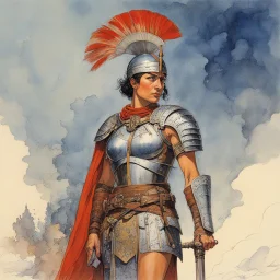 [aquarelle by Moebius] In the midst of a raging war, amidst the clash of swords and the cries of the fallen, a figure stood tall. A woman unlike any other, her muscles rippled beneath her armor, a testament to her strength and resilience. She was a Roman Centurion, a warrior of unmatched skill, commanding respect from both friend and foe alike.