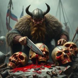 very angry viking cutting heads of stupid russians, lot of blood and decapited