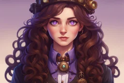 Девушка с длинными, волнистыми темно-каштановыми волосами, фиолетовыми глазами, одетая в одежду в стиле стимпанк, stardew, стиль долина, подросток