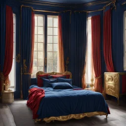 Living room in midnight blue, red and gold. A wide old bed and a large window with curtains