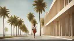 a woman walking down a walkway next to palm trees, a digital rendering by Cedric Seaut (Keos Masons), cg society contest winner, photorealism, vray tracing, vray, daz3d