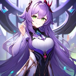 Clear focus,High resolution,High quality, Smiling, Purple long fluffy hair, Green eyes, Wearing a pink mech uniform, Honkai Impact Star Rail