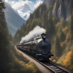 Imagine a scenic train navigating a winding mountain pass, its locomotive at the front pushing through rugged terrain and sharp curves, with the majestic peaks and dense forests visible through the large front windows of the engine.
