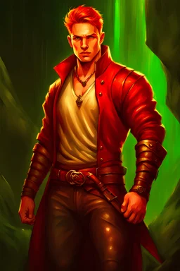 A Dark Fantasy illustration in the style of Magali Villeneuve. 26 years old caucasian male adventurer. Very pale complexion. Bright red short hair. Stuble. Bright green eyes. Full Lips. Large nose. Muscular body. He looks like Ryan Phillippe. Red and gold leather clothes.