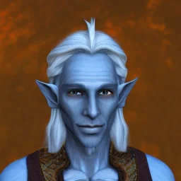 Ladore Kithollal is a 205 year old male wood elf diplomat. He has long, curled, white hair shaved on the right side and blue eyes. He has rough copper skin, realistic, high detail, uhd, 8k