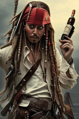 jack sparrow holding a bottle of rum, cinematic, detailed, hd