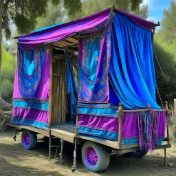 Old fashioned purple, blue and pink gypsy wagon decorated, curtains fluttering in the wind