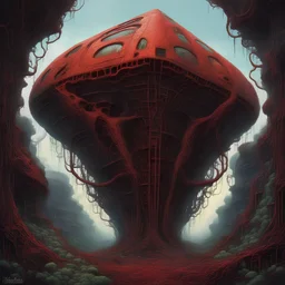 sci-fi horror, derelict weirdly shaped biomechanical structure overtaken by creeping red space kudzu, by H.R. Giger and Moebius and Petros Afshar, off-centered, dynamic diagonal composition, futuristic sci-fi horror, by Zdzislaw Beksinski, hyperdetailed colorful cosmic geometrical patterns, by Les Edwards
