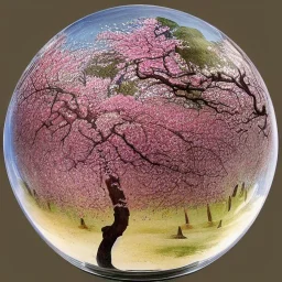 large glass globe filled with intricate, cherry blossom tree, tapestry-covered table, beautiful, peaceful, gorgeous,ornate, 8k, high-quality, fine-detail, intricate, digital art, brian froud, howard lyon, selina french, anna dittmann, annie stokes, Greg Rutowski