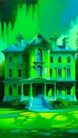 A greenish blue mansion covered in plasma ooze painted by Jeffrey Kolker