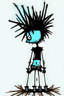 2d drawing of a stickman, cool with punk hair, x eyes like in hangman, laying flat on stomach,backside view,3d realistic in colour