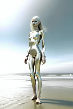 naked beautiful woman on beach, full body shot, anorexic, silver bikini, photorealistic, blond hair to chin