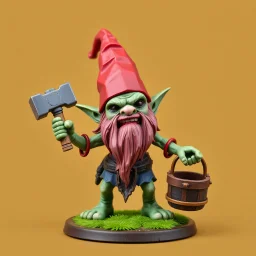 low poly, slime gnome troll miniature model half painted arms outstretched holding battle hammer offering gift, bucket shield background