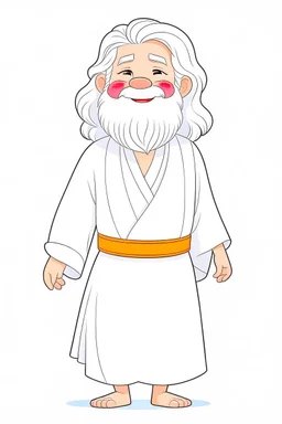 Disney style, white hair, white skin, white beard, coloring book, minimalism, simple lines, white background, STICKER, WHOLE BODY, A CUTE JESUS CHRIST, WAVY HAIR, BEARD, COVERING THE WHOLE BODY WHITE LONG TUNIC, LIGHT DOWN, HAPPY face , A detailed illustration, in the style of Studio Ghibli, 3D vector art, cute and quirky, fantasy art, Adobe Illustrator, hand-drawn, low-