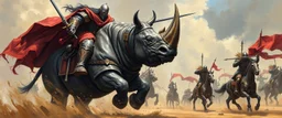 knights and lances tournament, horses hit hard, oil and airbrush, epic fantasy illustration, black giant on rhino with steel gauntlets