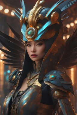 Angle Raw, cyber hornbill bird robot woman Indonesia ((masterpiece)), (beauty:1.3), iconic asp headpiece, UHD, 64K, hyperrealistic, vivid colors, , 8K resolution, throne room background with hieroglyphics, HDR depth, ultra detail, commanding regal aura, real photo