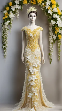 A mannequin wearing a dress, Philippines national custome dress inspired by jasmine flower, sampaguita, Philippines national flower, jasmine flower dress, jasmine flower, white jasmine flower, dress displayed on mannequin, beautiful, very beautiful dress, fantasy dress, magical dress, elegant, full body, full body frame, ultra realistic, aesthetic, yellow and white pastel color, sequins, bedding, made of crystal, sexy, magical, fantasy, ethereal, sparkly, glowing, glittery dress, artistic style