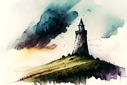 a dark tower on a hill with cloudy sky, watercolor