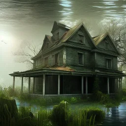 Abandoned house, overgrown, partially submerged,Interior, water